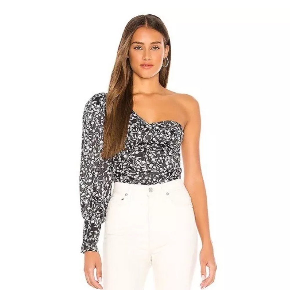 Lovers + Friends Black & White One-Shoulder Puff Sleeve Top